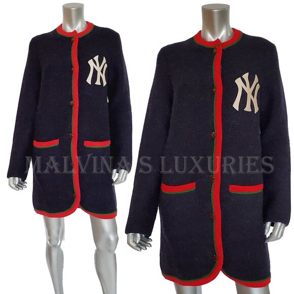 GUCCI CARDIGAN LONG SWEATER NY YANKEES LOGO PATCH WOOL ALPACA sz S SMALL - Picture 6 of 16